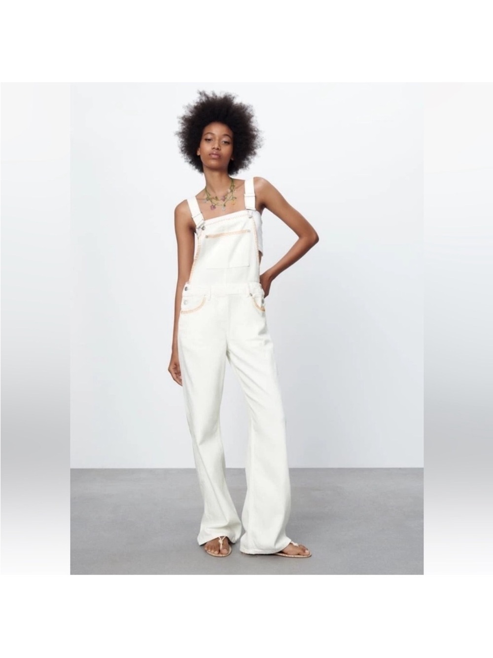 Zara Women's  ecru denim dungarees Jumpsuit orange topstitching. Size Small
